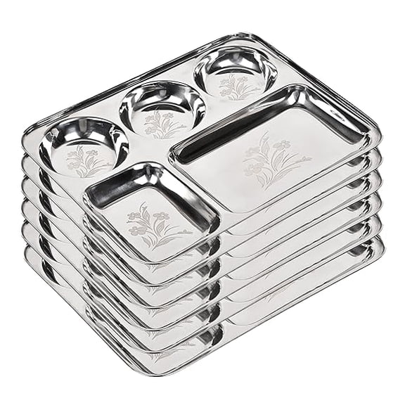 Stainless Steel Laser Partition Plate 5 in1 / Bhojan Thali/Dinner Plate Set of 6