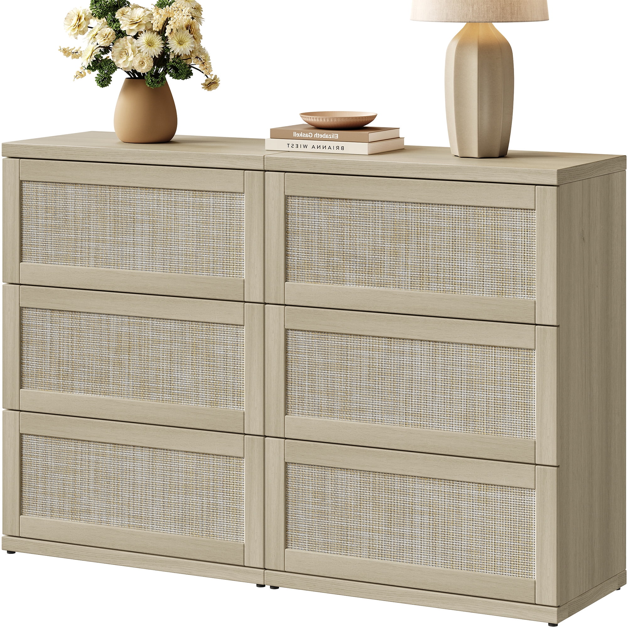 SICOTAS Small 3-Drawer Dresser Nightstand Set of 2, 50.7"W Boho 6 Drawer Dresser with Slide Rails, Rattan Chest of Drawers, Modular Storage Cabinet for Bedroom & Living Room, Light Oak