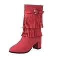 thumbnail image 5 of Tassel Mid Calf Dress Boots for Women 2025 Buckle Fringed Boho Side Zipper Chunky High Heel Short Boots, 5 of 6