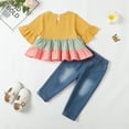 thumbnail image 3 of Kucnuzki 6 Months Baby Girl Summer Outfits Pants Sets 12 Months Short Sleeve Color-Blocked Ruffles Peplum Tops Elastic Ripped Denim Pants 2PCS Set Yellow, 3 of 9