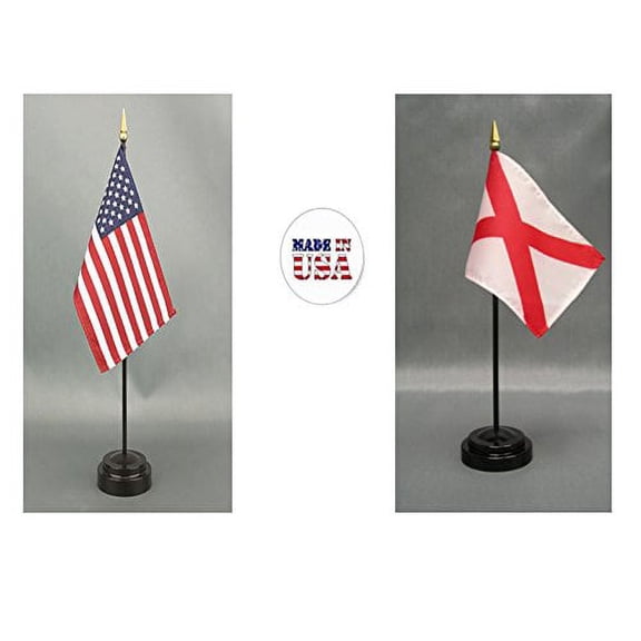 Made in The USA. 1 American and 1 Alabama 4"x6" Miniature Desk & Table Flag, Includes 2 Flag Stands & 2 Small Mini Stick Flags