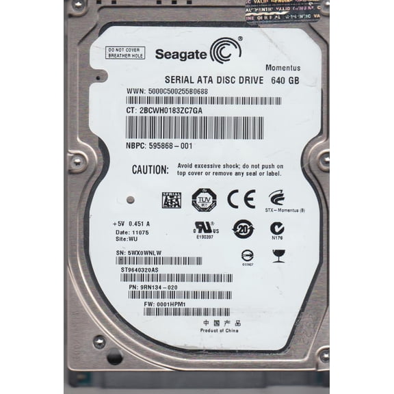 ST9640320AS, 5WX, WU, PN 9RN134-020, FW 0001HPM1, Seagate 640GB SATA 2.5 Hard Drive