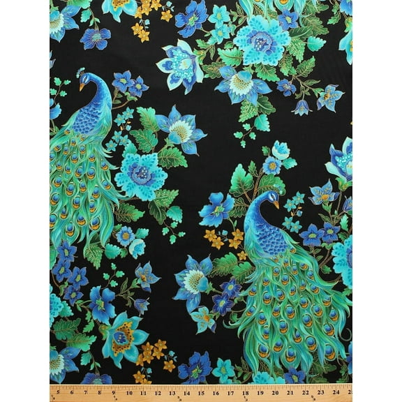 Cotton Peacock Feathers Flowers Metallic Plume Cotton Fabric Print by the Yard (plume-cm8662)