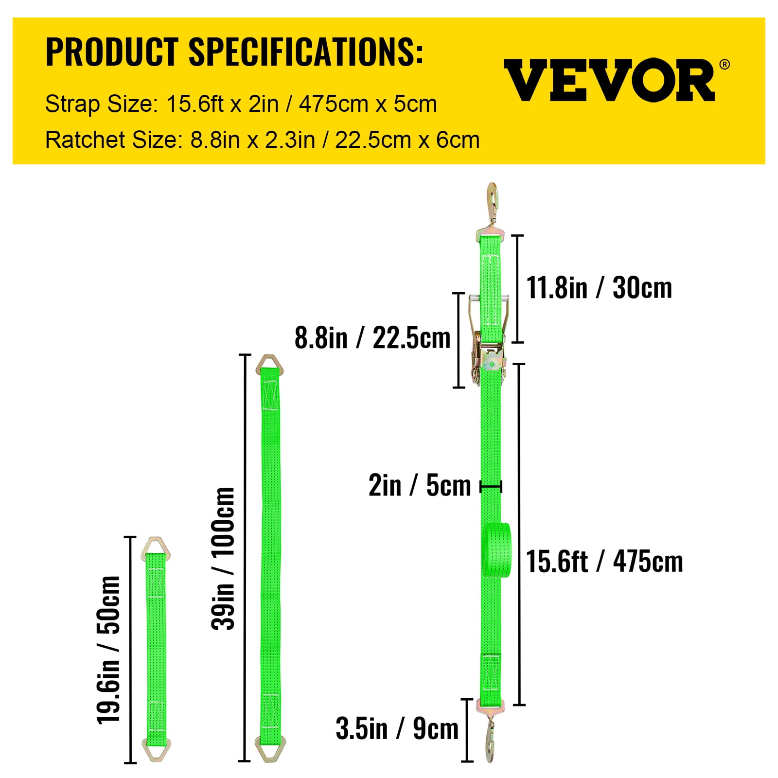 VEVOR Ratchet Tie Down Strap, 15.6ft x 2in Polyester Ratchet Strap 4000 lbs Working Load, 12 PCs Heavy Duty Car Strap w/ Double Hooks, Car Tie Down Strap with Chain Anchors, Security Fastening, Green