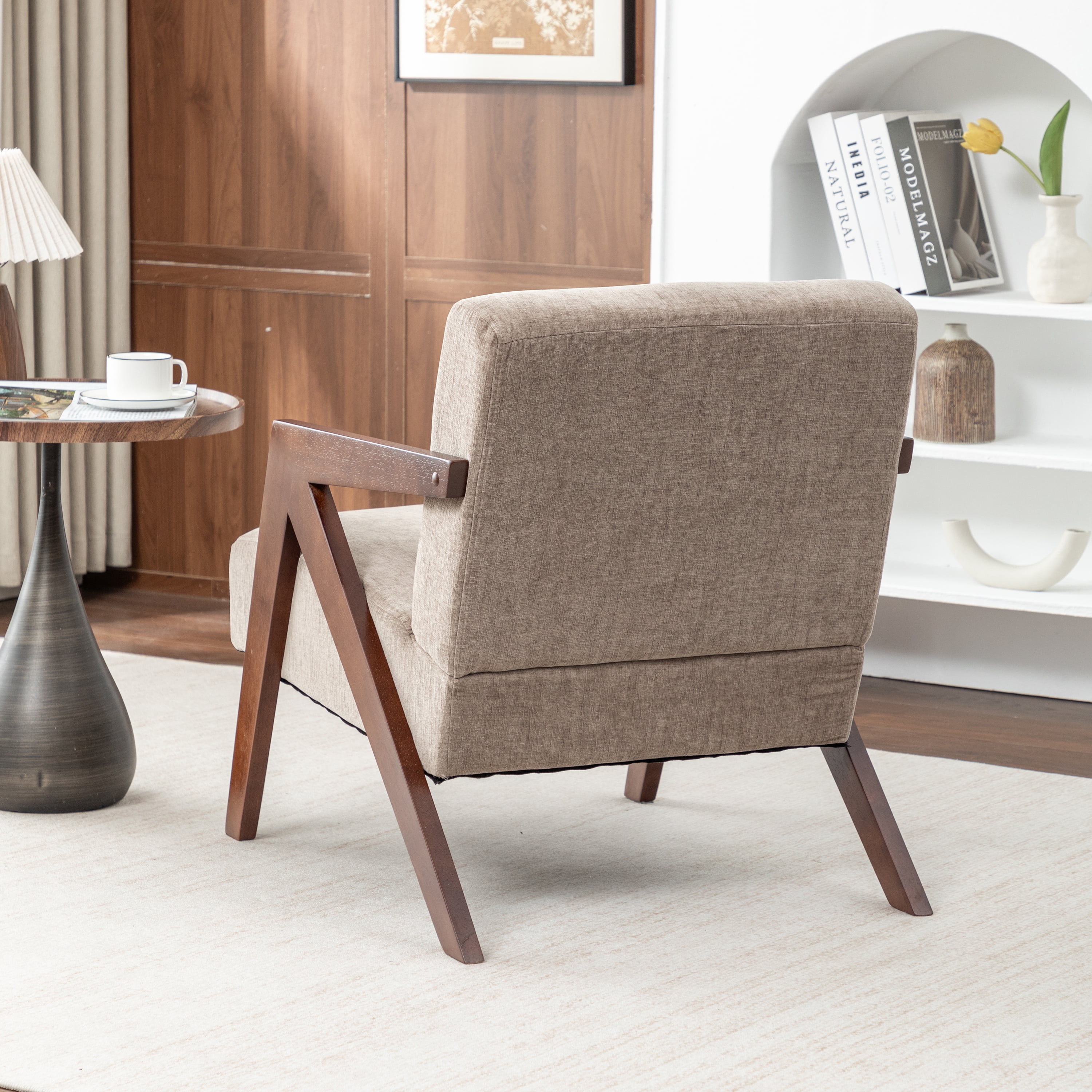 Leumius Mid Century Modern Accent Chair,Upholstered Reading Armchair with Solid Wood Frame,Accent Chair for Living Room Bedroom Apartment, Easy Assembly,Light Coffee