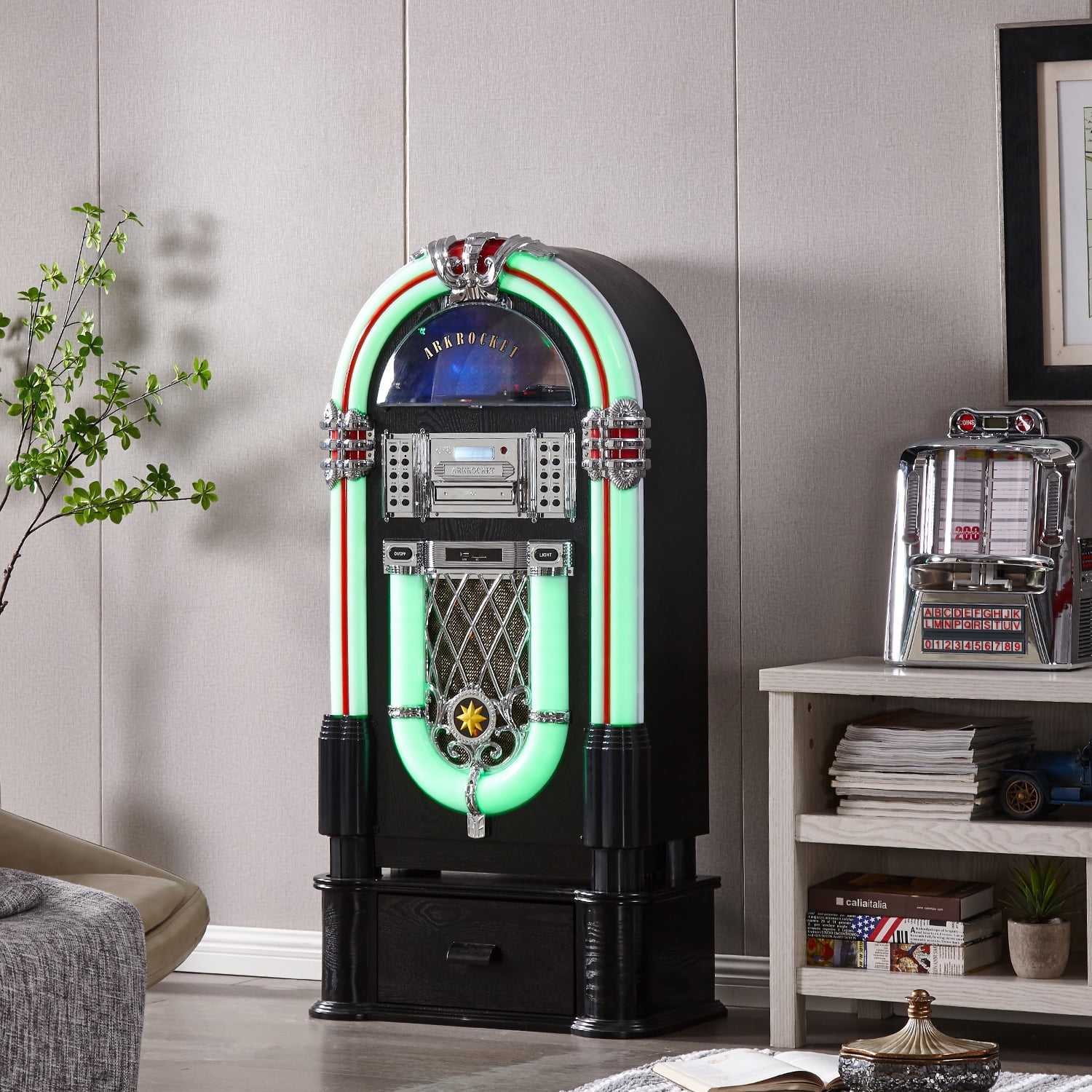 Arkrocket Taurus II Medium Size Jukebox Vinyl Record Player Bluetooth USB SD CD Player Radio Retro Turntable Classic Jukebox (Taurus II with Stand - Black)