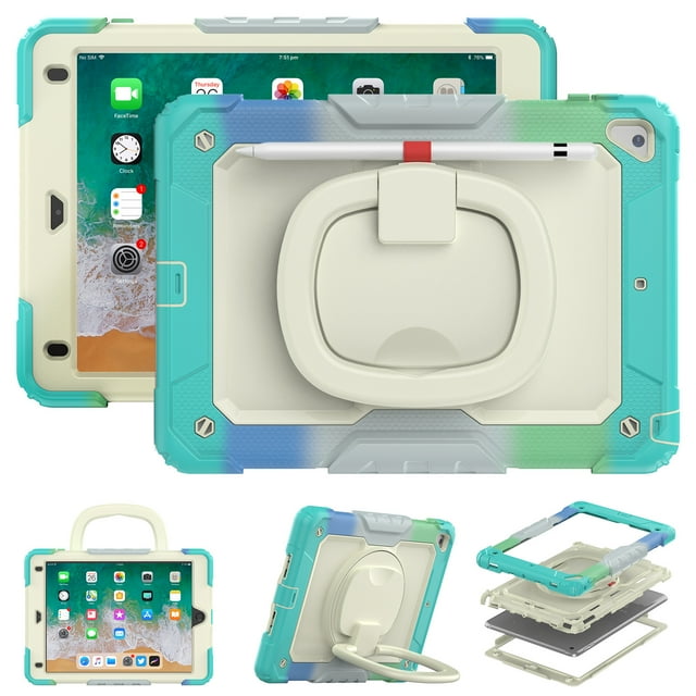 for iPad 6th/5th Generation Case 9.7 inch 2018/2017, 360 Rotating Shockproof Cover with Stand, Handle, Shoulder Strap, Rainbow Blue