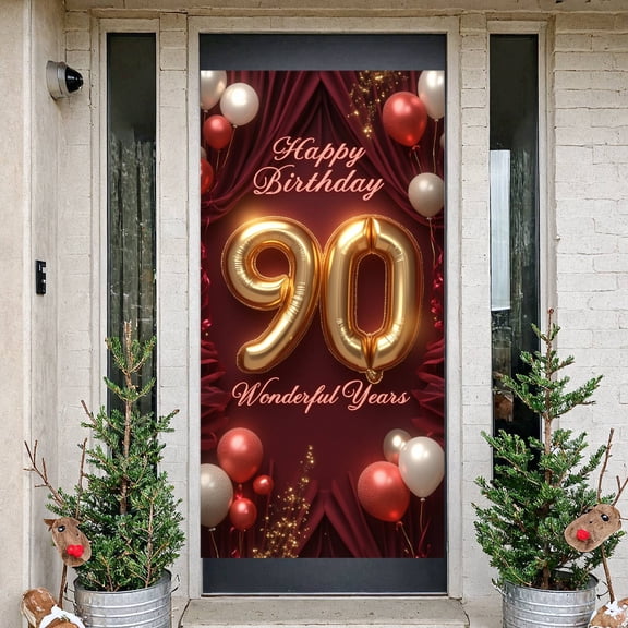 Wine Red 90th Birthday Banner Metallic Number Birthday Backdrop Floral Decoration Sparkling Accents Milestone Background for 90th Birthday Party Senior Celebration Family Gathering