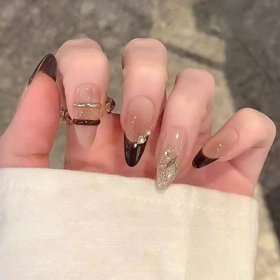 Flower French Tip Press on Nails Short Oval Fake Nails Glossy Acrylic Stick on Nails Artificial Stick on Nails for Women Multicolor Glitter Rhinestones