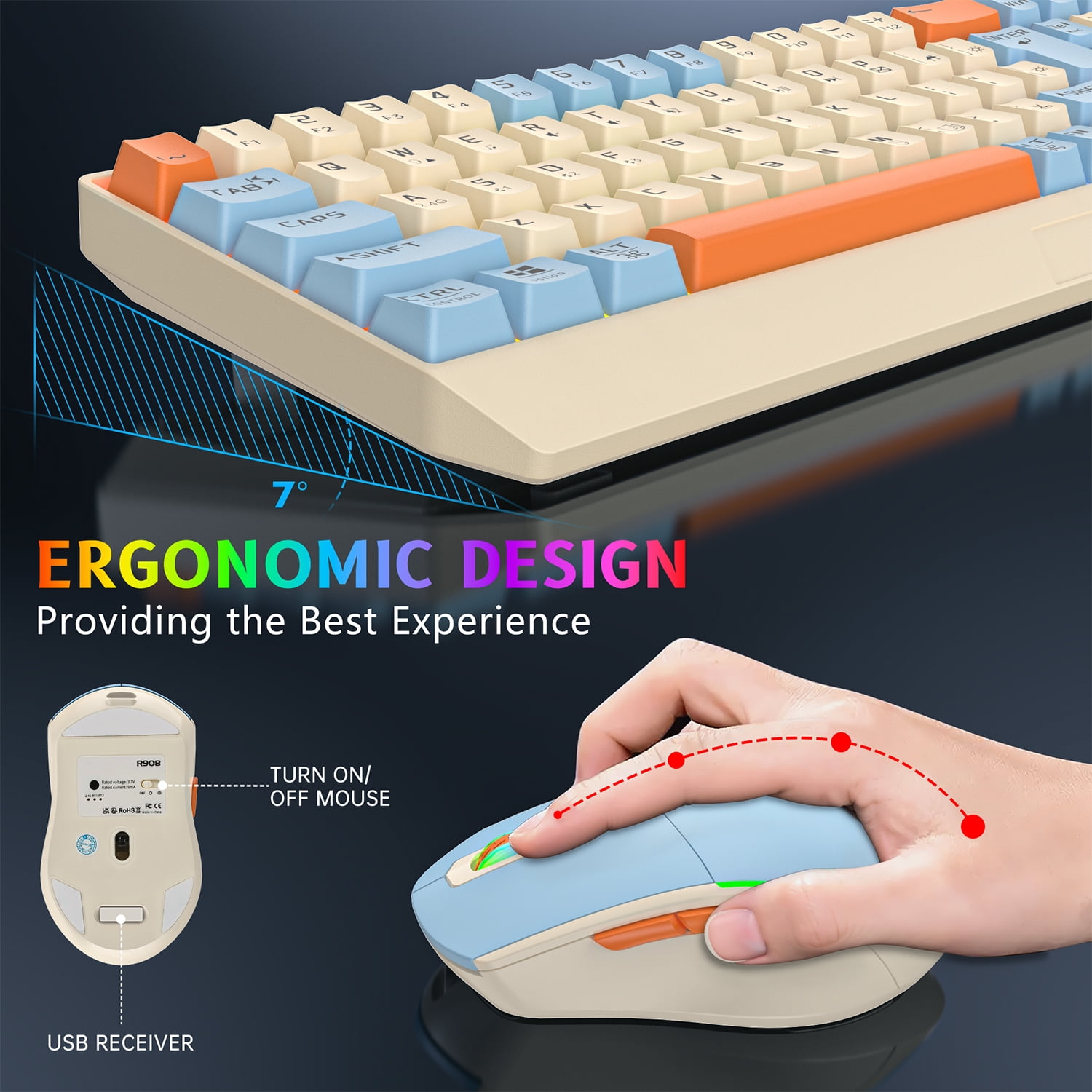 CshidWorld Wireless Gaming Keyboard and Mouse Combo 85 Key Rainbow Backlit, Rechargeable 2000mAh, Dual-Mode 2.4GHz & BT5.0, Ergonomic Design for or Mac, Laptop, Desktop