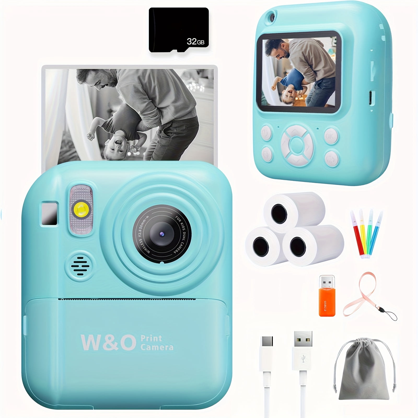 Instant Print Digital Camera with 2.4" Screen - 48MP FHD Photo Printer, Flash, MP4, Puzzle Game, Includes 32GB TF Card & Reader, Mini Portable Camera for Kids Gift