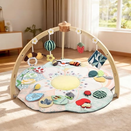 Newborn Baby Play Gym, Soft Activity Mat with 5 Developmental Zones, 4 Detachable Toys, Sensory Learning Center for Tummy Time and Playtime