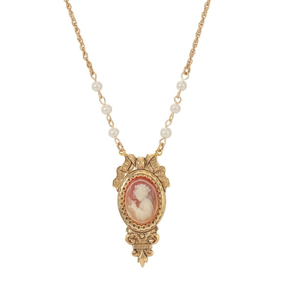 1928 Jewelry Women's Gold Tone Carnelian Orange Cameo Faux Pearl Pendant Necklace 18 Inch