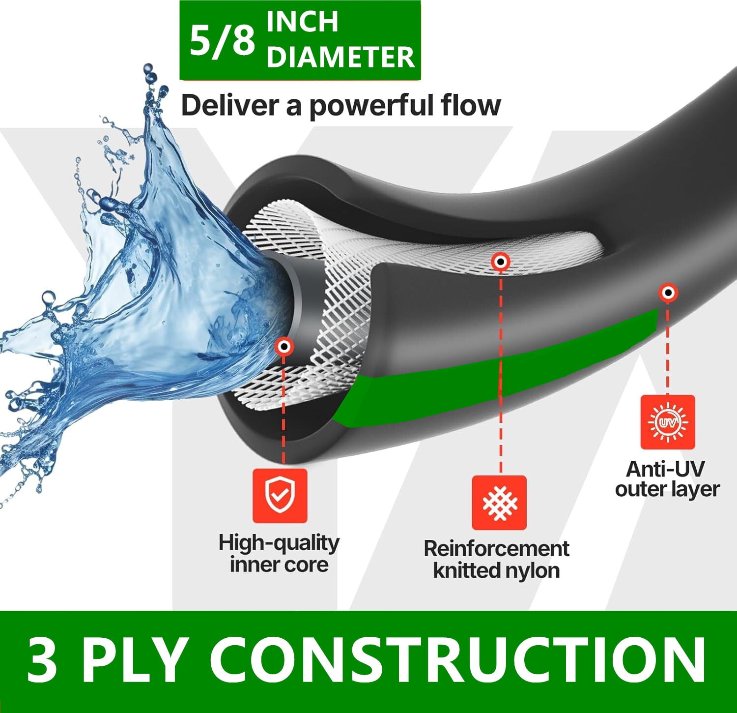 100ft Garden Hose 5/8" Heavy Duty Rubber Hydrid Water Hose 600 PSI with 10-Function Water Sprayer