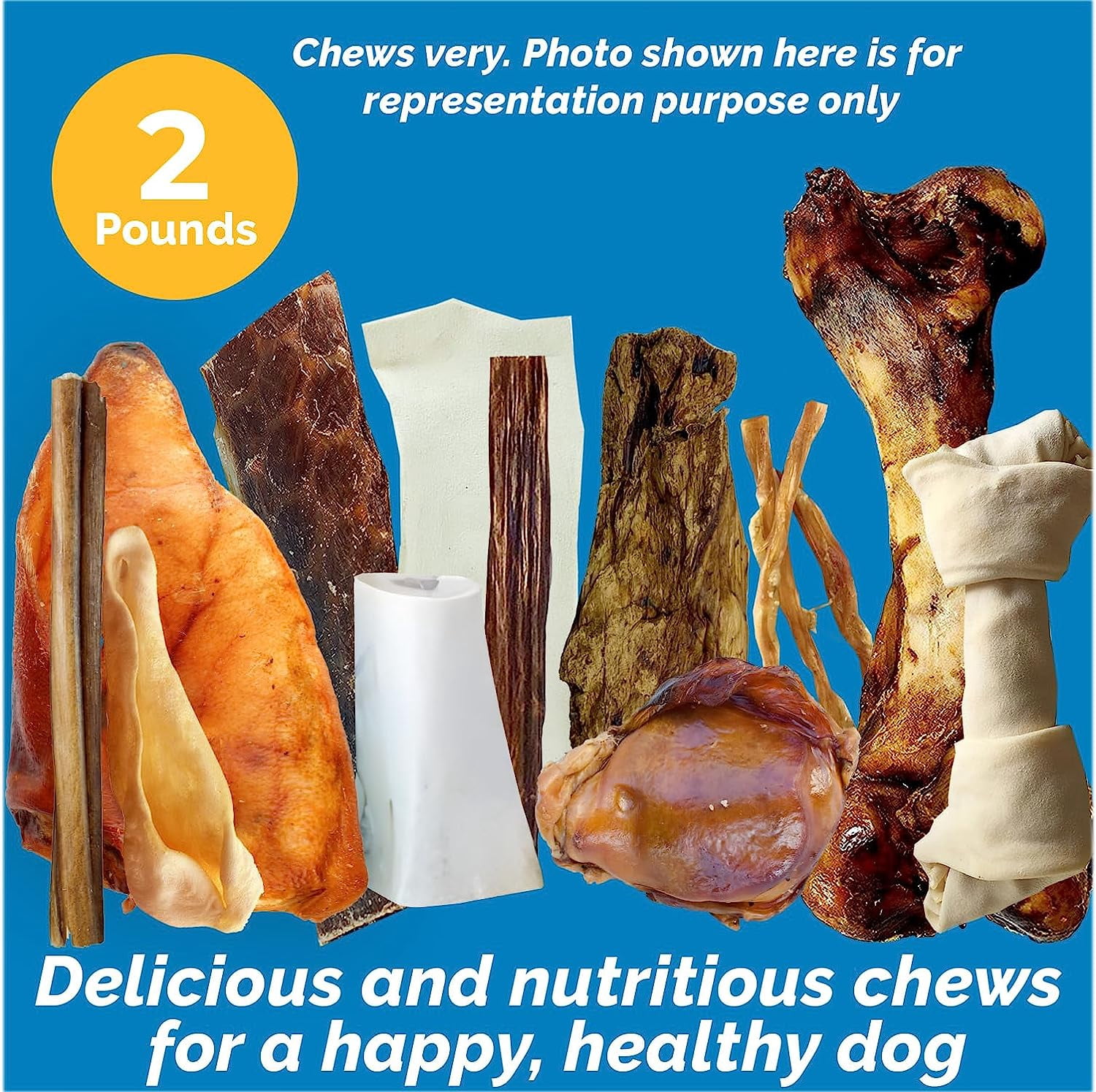 Assorted Dog Chews for Dog (2 Pounds) 100% Natural Lamb, Beef, Rawhide, Pork and Chicken Jerky Chews - for Dogs by 123 Treats