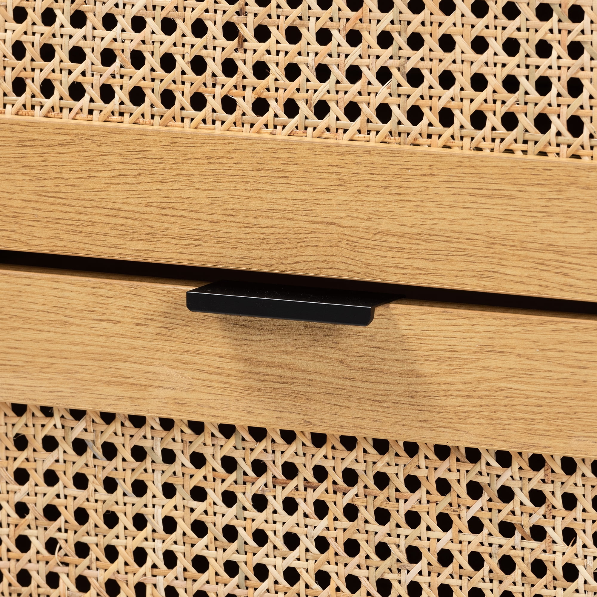 Baxton Studio Sawyer Mid-Century Modern Industrial Oak Brown Finished Wood and Black Metal 6-Drawer Storage Cabinet with Natural Rattan