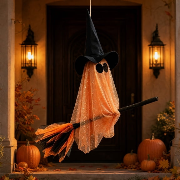 Halloween Hanging Ghost Decor, Flying Ghost Witch Ornament with Hat and Broom, Spooky Hanging Decorations for Door, Wall, Window, Tree, Porch, Yard, Party, Indoor Outdoor Halloween Home Decor