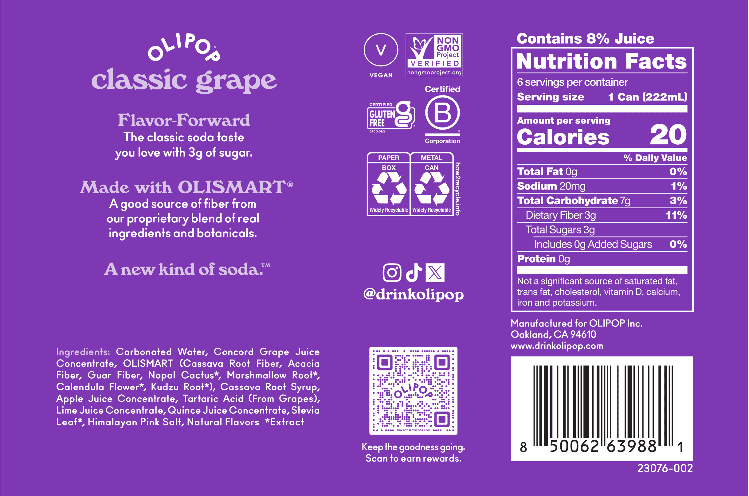 OLIPOP MINIs 3g Fiber Prebiotic Soda, Classic Grape, 7.5 fl oz, 6 Pack, Shelf Stable