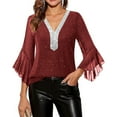 thumbnail image 6 of Aboser Womens Sparkly Glitter Blouse for Evening Party Cocktail Shirts Elegant Ruffled 3/4 Sleeve Tunic Tops Dressy Casual Chiffon Blouses Double Layers V Neck Shirt, 6 of 9