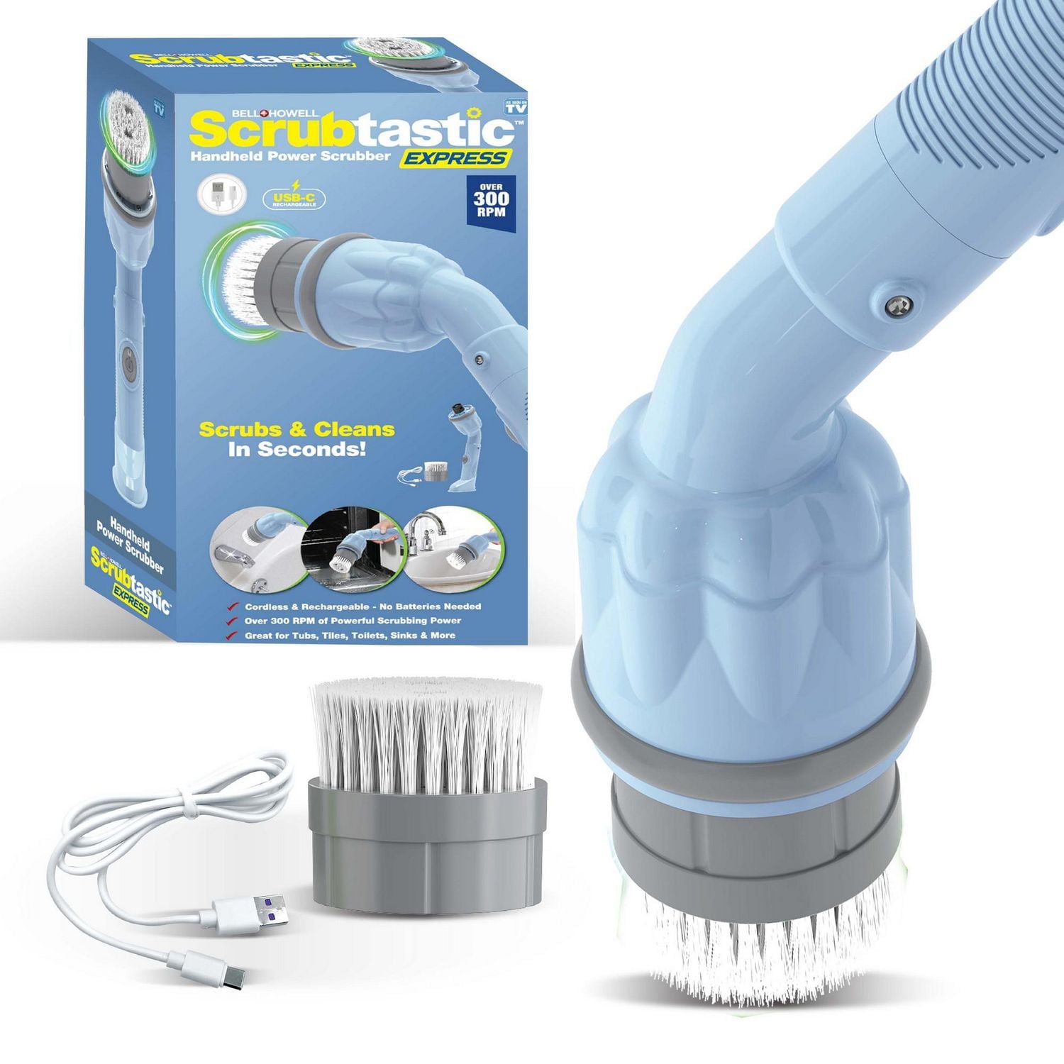 Bell + Howell Scrubtastic Express Blue Rechargeable Handheld Power Scrubber – Cordless Bathroom Cleaner
