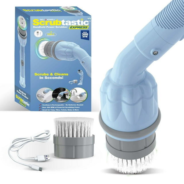 Bell + Howell Scrubtastic Express blue cordless rechargeable handheld power scrubber with detachable brush head and USB-C charger