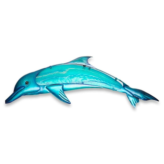 G128 36 in Blue Dolphin Metal Wall Art Decor | Ocean Marine Theme Indoor Outdoor Wall Art Hanging Decor for Bedroom, Living Room, Garden, Patio