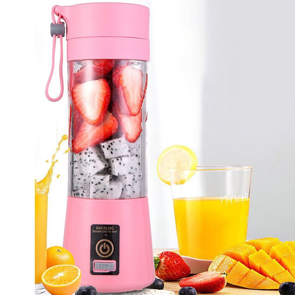 Hinzonek Portable Mini Juicer Cup, Personal Blender 6 Blades Mixer Fruit Machine for Smoothies Shakes, Pink, 380ml