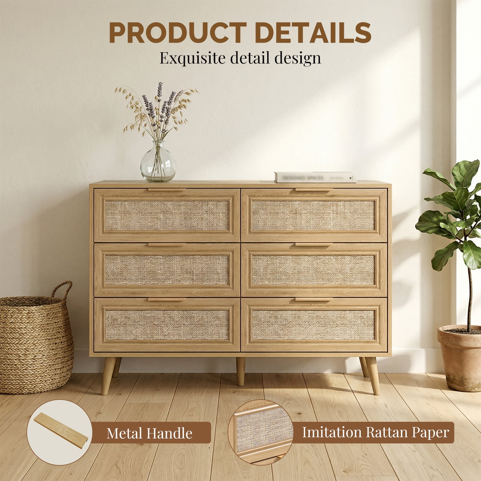 47.2"W Rattan 6 Dresser for Bedroom, Double Wooden Dressers Large Chest of Drawers with Golden Handles,Rattan Buffet Sideboard