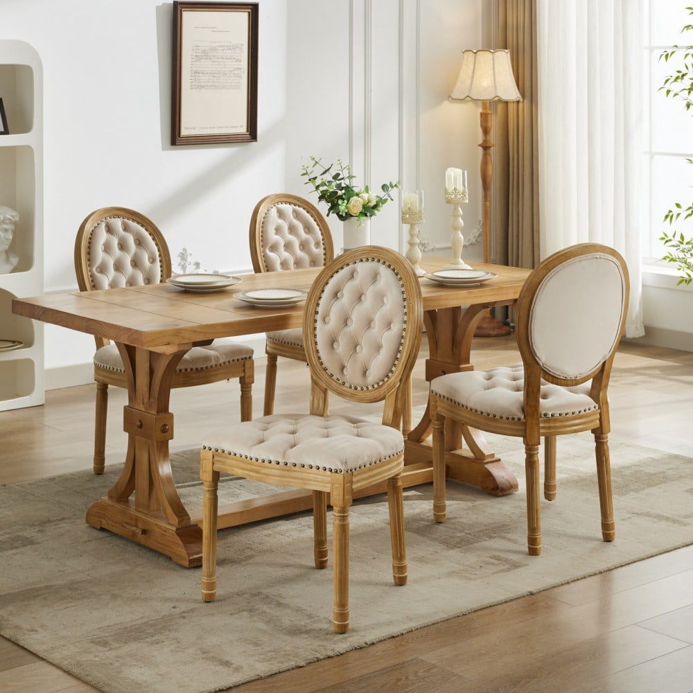 French Style Dining Chairs Set of 2, Velvet Upholstered Wood Dining Room Chairs with High Backrest, Nailhead Trim, Tufted Cushion, Beige