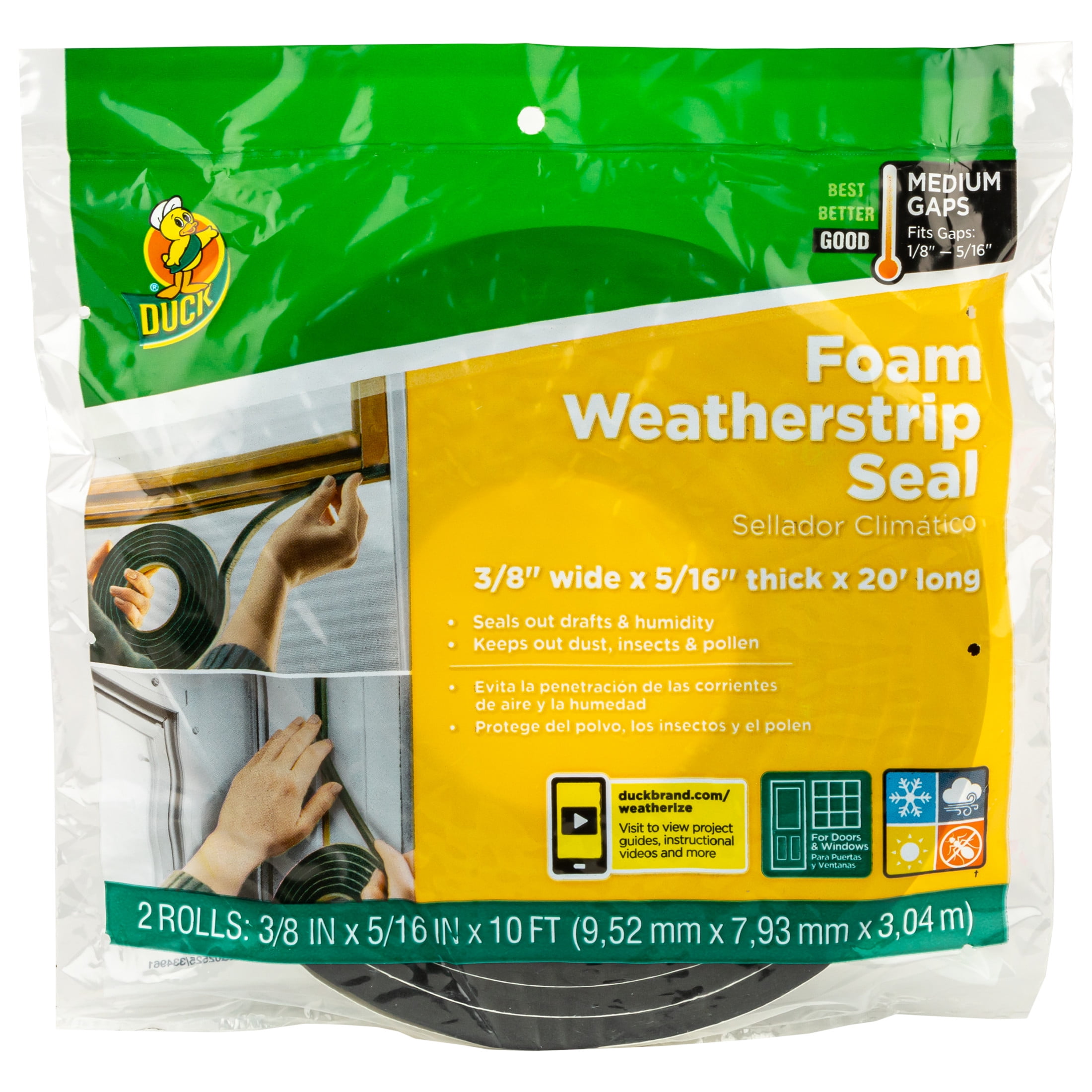(3 pack) Duck Brand Black Foam Medium Gap Weatherstrip Seal, 0.375 in. x 0.31 in. x 10 ft., 2 pack
