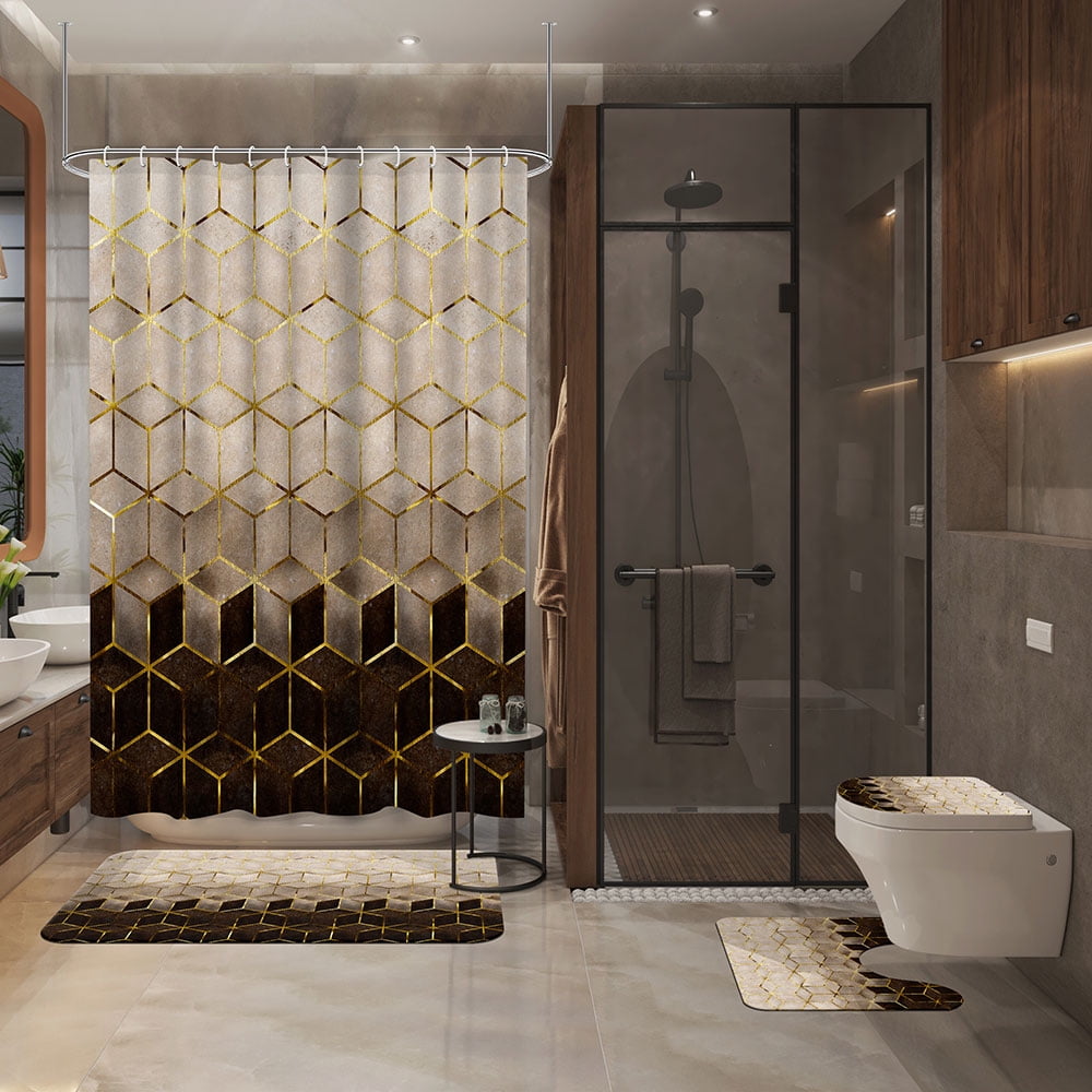 4 Pcs Art Gold Geometric Luxury Shower Curtain Set with Rug Toilet Cover and Bath Mat for Bathroom