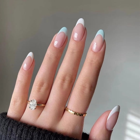 HLONK Blue White French Tip Press on Nails Medium Natural Acrylic Fake Nails with Nail Glue for Women Girls Daily Wear