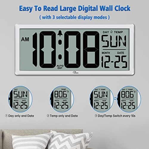 14.5'' Large Digital Wall Clock Battery Operated with Jumbo Numbers, Temperature and Date - Easy to Read and Set, Auto DST