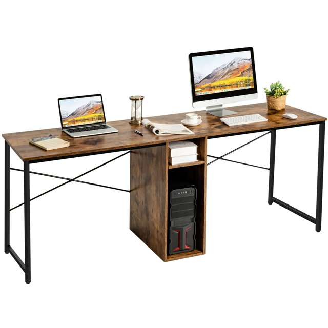 Gymax 2 Personne Ordinateur Bureau Double Poste de Travail Bureau W / Stockage Rustique Brun