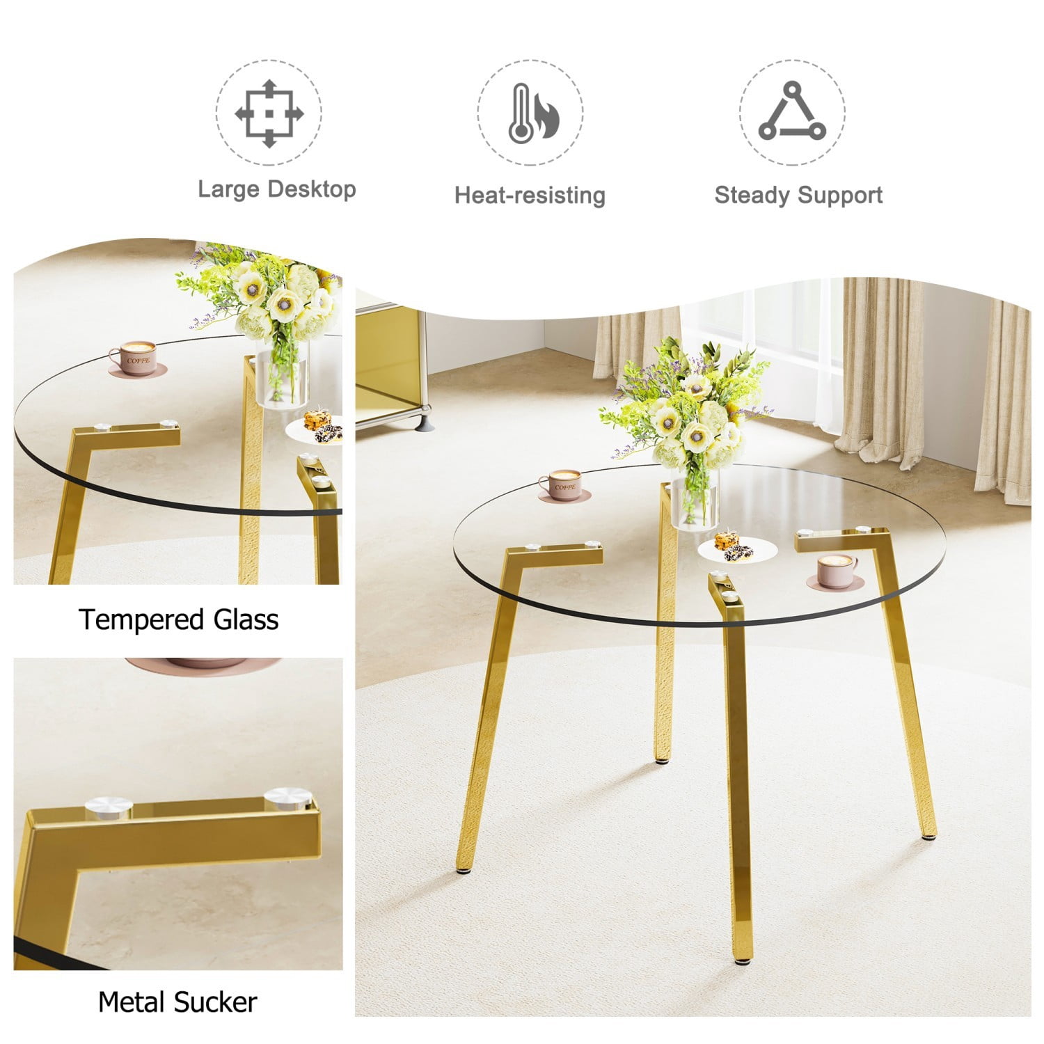 42" Round Glass Dining Table, Modern Tempered Glass Tabletop with Gold Metal Legs, Minimalist Kitchen Table for Dining Room Living Room
