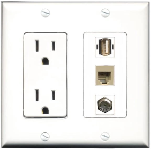 RiteAV - 15 Amp Power Outlet 1 Port Coax 1 Port USB A-A 1 Port Phone Beige Decorative Wall Plate