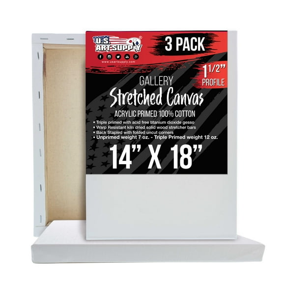 U.S. Art Supply 14" x 18" Gallery Depth 1-1/2" Profile Stretched Canvas 3-Pack - Acrylic Gesso Triple Primed 12-ounce 100% Cotton Acid-Free Back Stapled