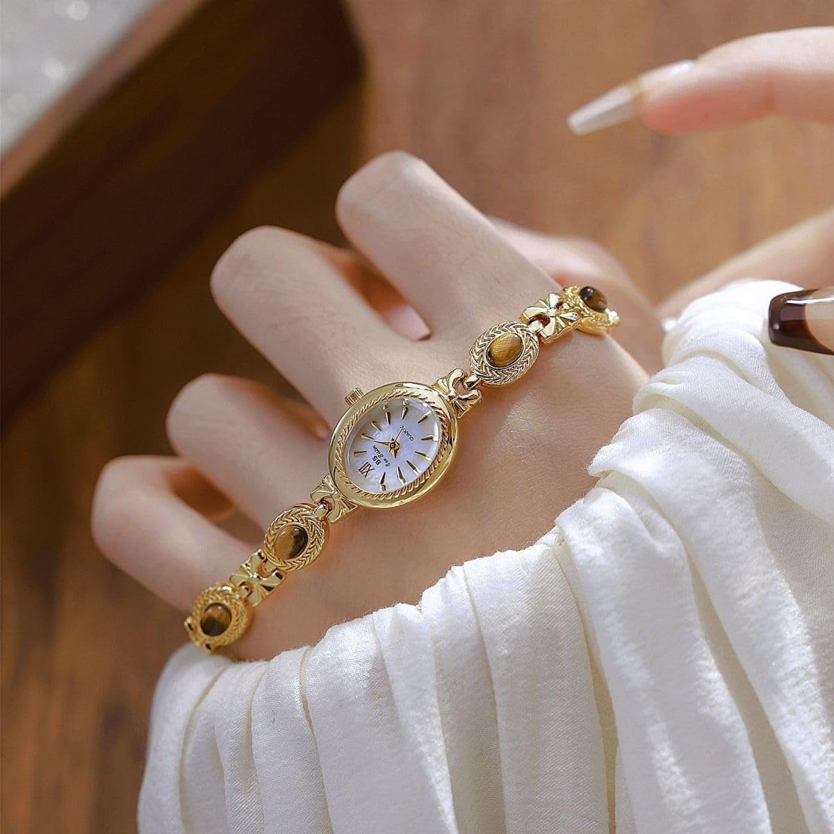 Gold Watches for Women with Small Vintage Bracelet Elegant Jade Oval Dial Dress Watch Fashion Quartz Wrist Watch Waterproof Watch