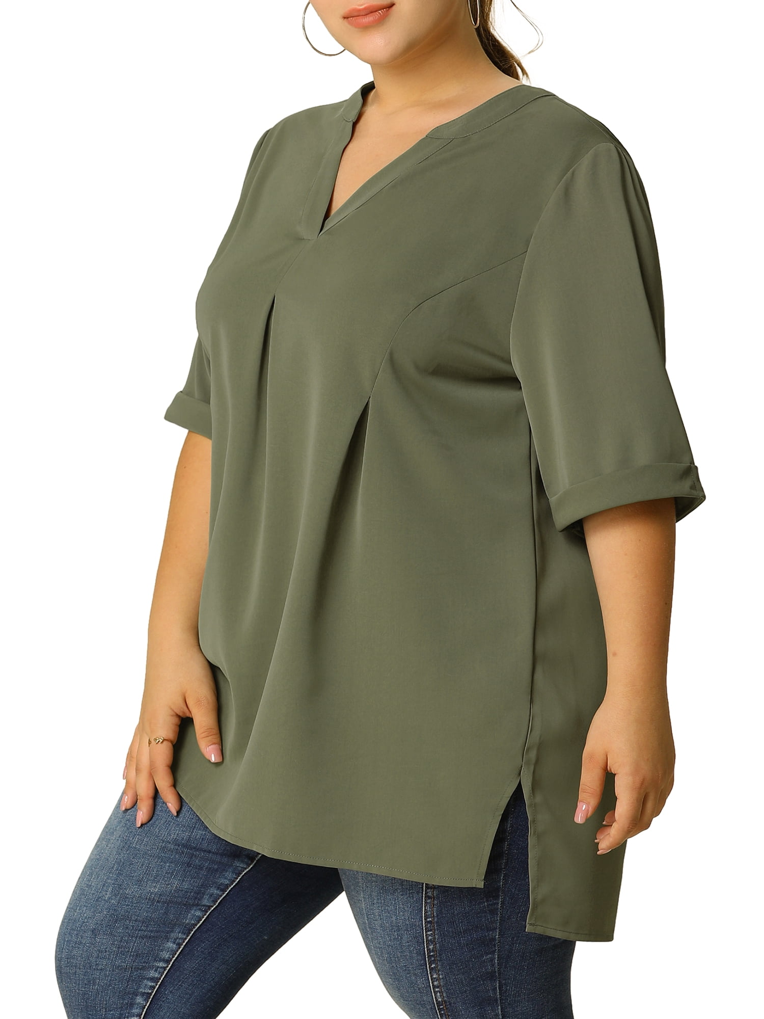 Unique Bargains Women's Plus Dip Hem Blouse V Neck Short Sleeve Tunic Top