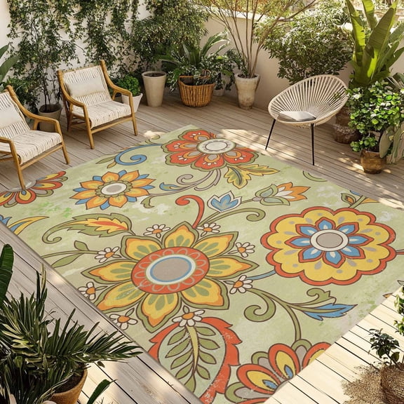 Gray Green Boho Floral Outdoor Rug for Patio/Deck/Porch, Non-Slip Large Area Rug 5 x 7 Ft, Vintage Abstract Art Ethnic Flowers Indoor Outdoor Rugs Washable Area Rugs, Camping Rug Carpet Runner
