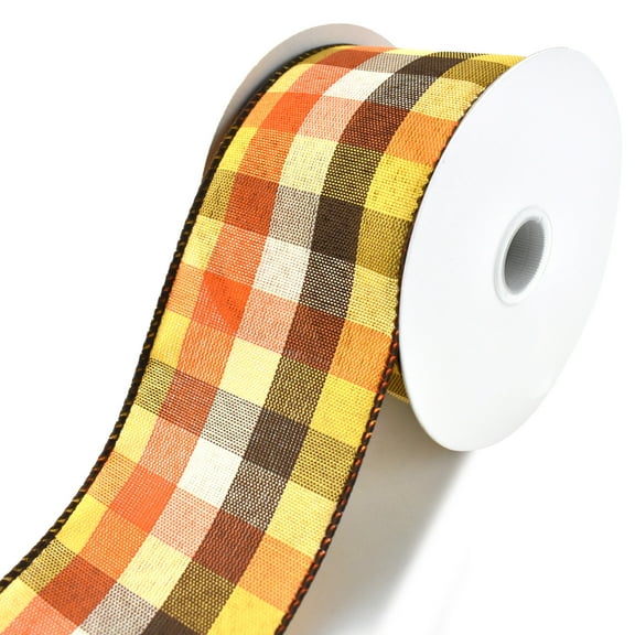 Square Plaid Wired Ribbon, Orange/Brown/Yellow/Cream, 2-1/2-Inch, 10-Yard