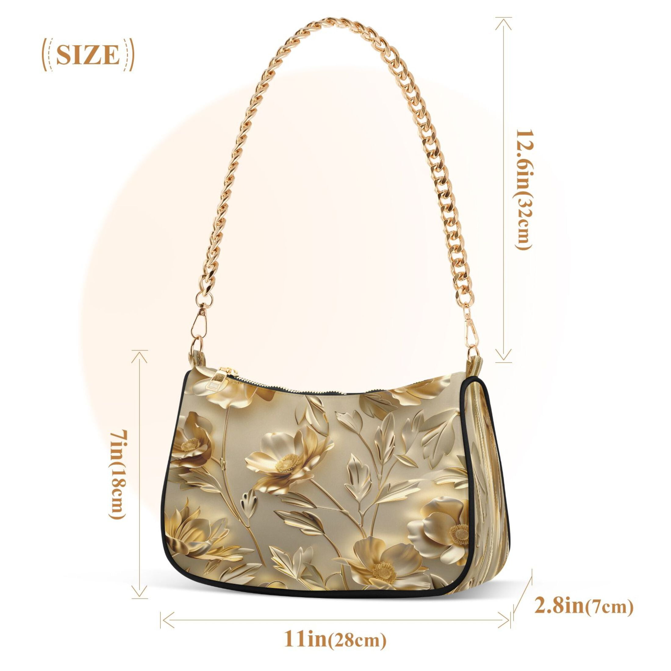 Ryvnso Luxury Gold Flower Womens Chain Shoulder Bag Tote Handbags Clutch Hobo Purse with Zipper for Travel