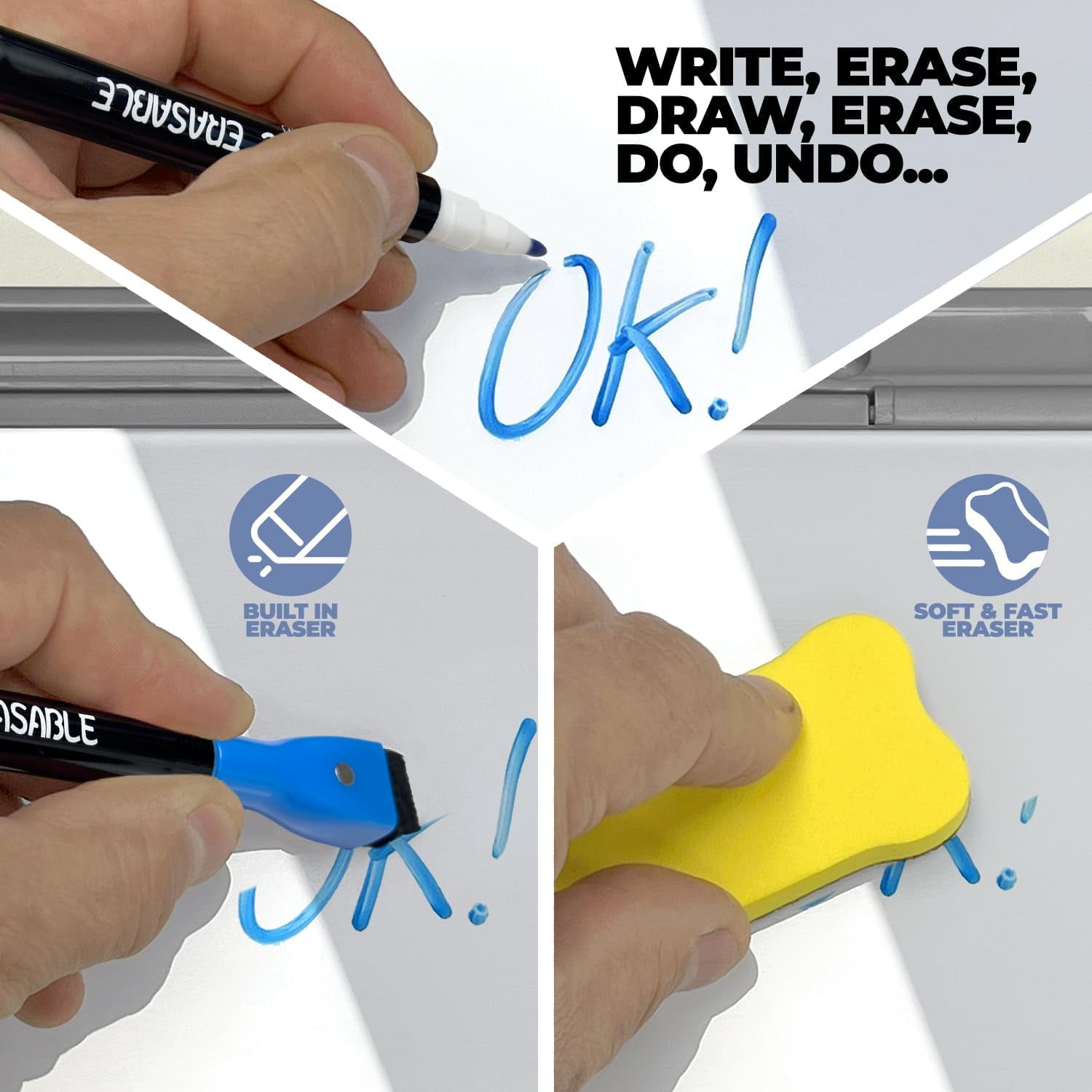 Desktop Whiteboard with Storage Compartment and Phone & Tablet Slot, Grey - Includes 4 Markers, 1 Eraser