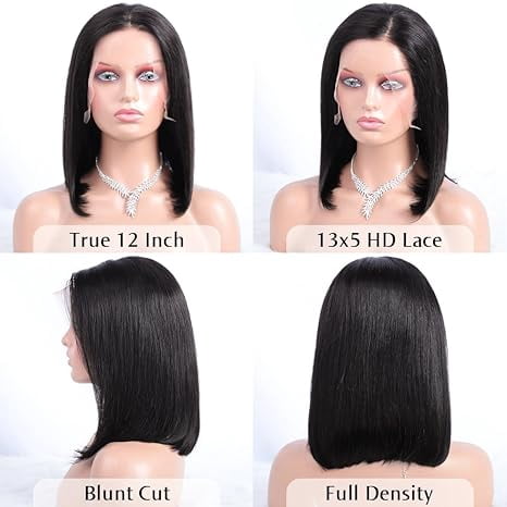 TTOhair 13x4 HD Frontal Lace, Glueless Lace Front, Pre-Plucked Short Straight Human Hair Wig, Black, 1