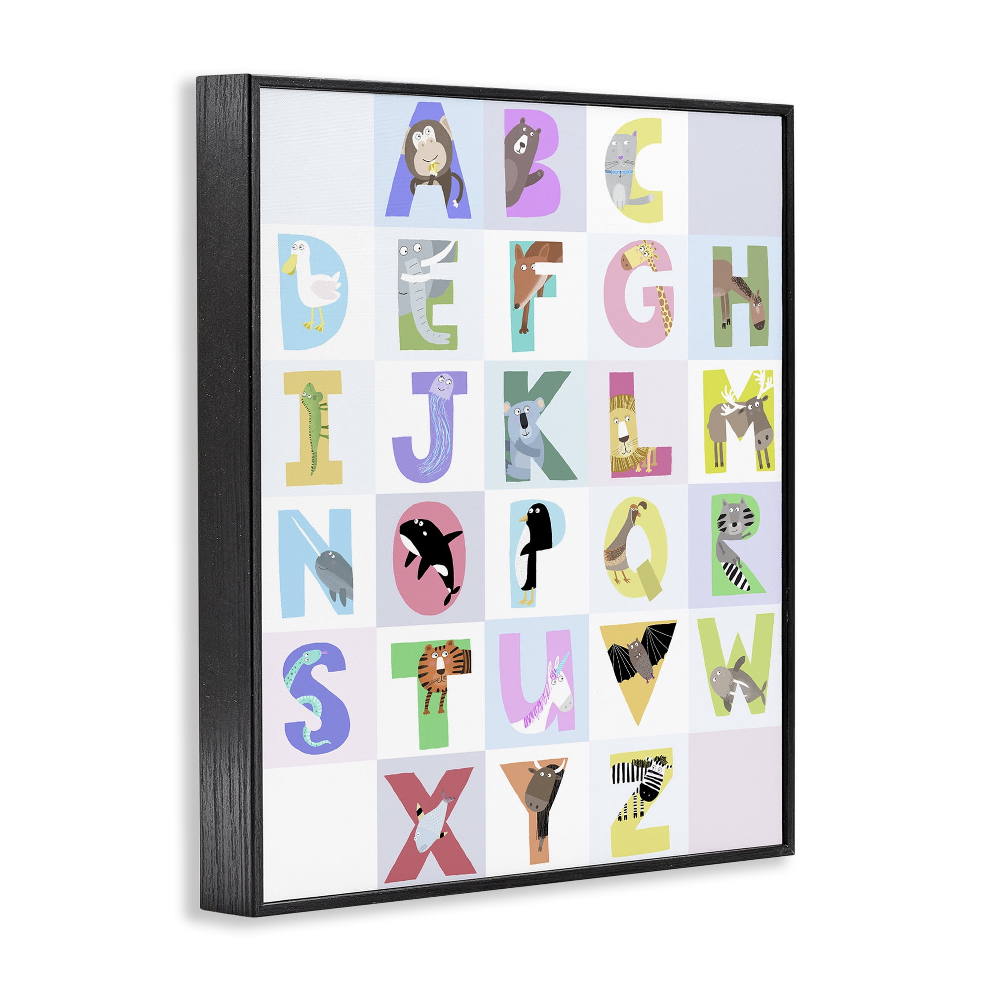 Stupell Industries Animal Alphabet in Light Grey Black Framed Giclee Art, design by Carla Daly