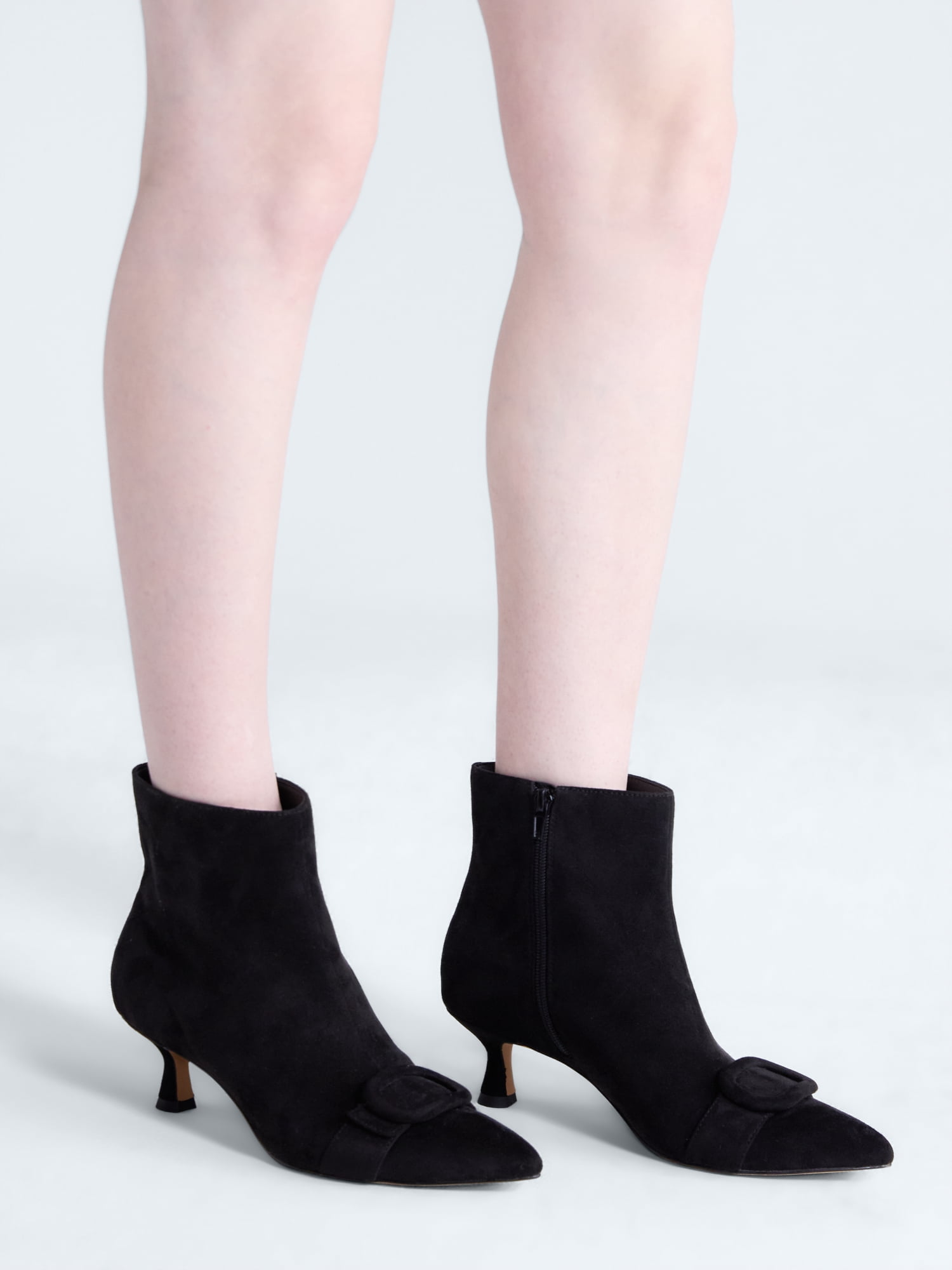 Free Assembly Women's Faux Suede Buckle Booties with Kitten Heel