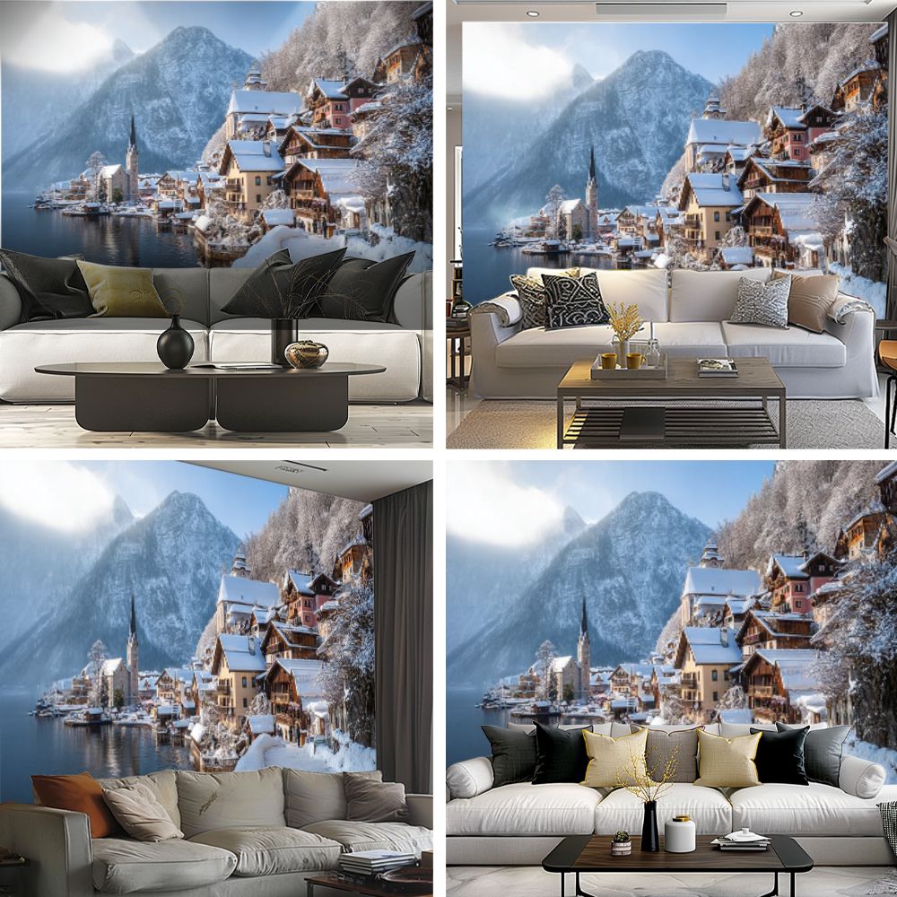 Peel and Stick Wallpaper Classic view Hallstatt winter Salzkammergut Austria Modern Art Wall Mural Decor Self Adhesive and Removable 69in x 98in