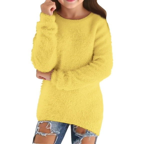 Lenpel Girls' Fuzzy Fleece Oversized Sweatshirts Long Sleeve Crew Neck Slim Pullover Sweater Tops Plush Tunic Sweatshirts(Yellow,15-16 Years)
