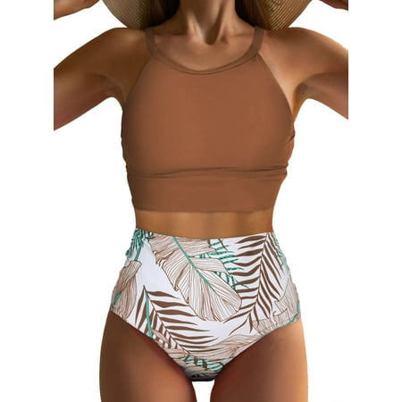 Aleumdr Halter Bikini for Women High Waist Floral Print Bikini Set Sporty Swimsuit Scoop Neck Strap Bathing Suit Brown S