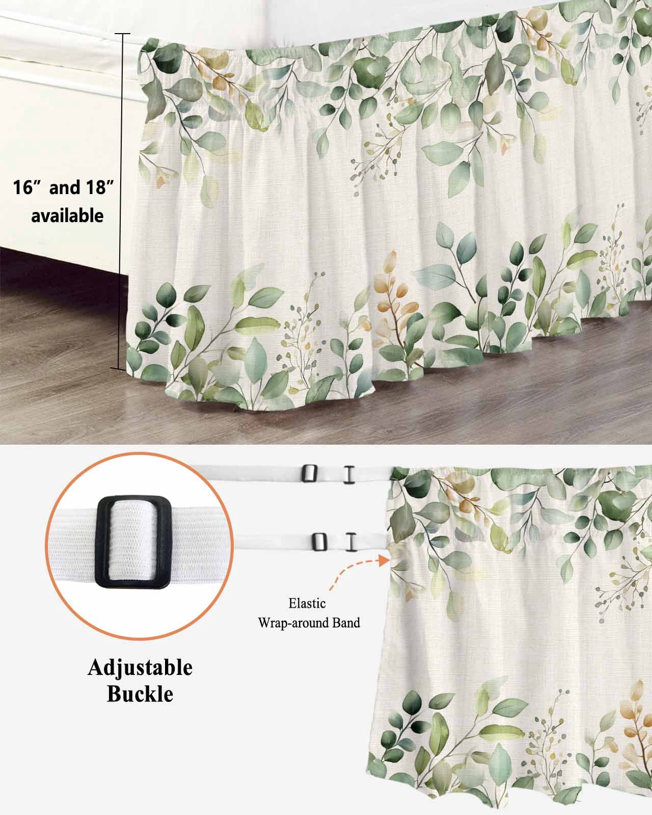 Retro Eucalyptus Leaves Ruffle Bed Skirt King Size Sage Green Leaf Summer Plants Linen Adjustable Elastic Dust Bed Skirts Wrap Around Bedskirt Wrinkle Free Easy Fit with 18 Inch Drop